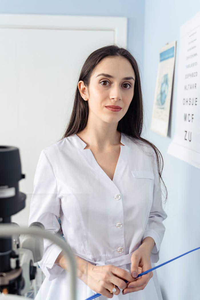 Portrait of a female optometrist in a clinic, showcasing professionalism and expertise.